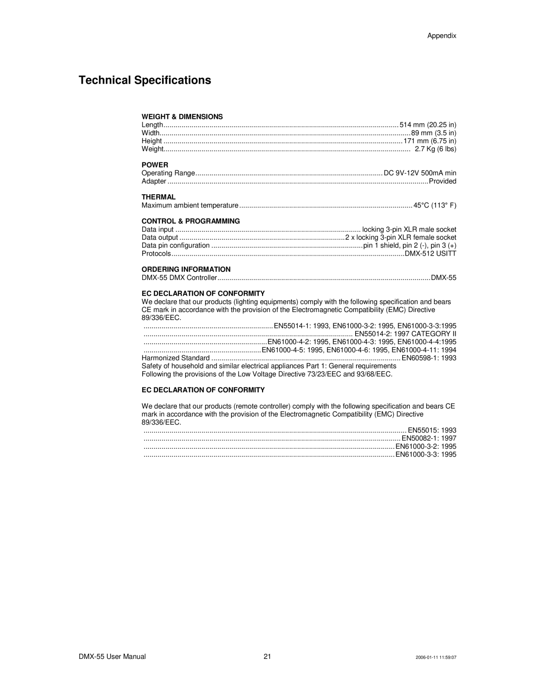 Chauvet DMX-55 DMX user manual Technical Specifications, Power 