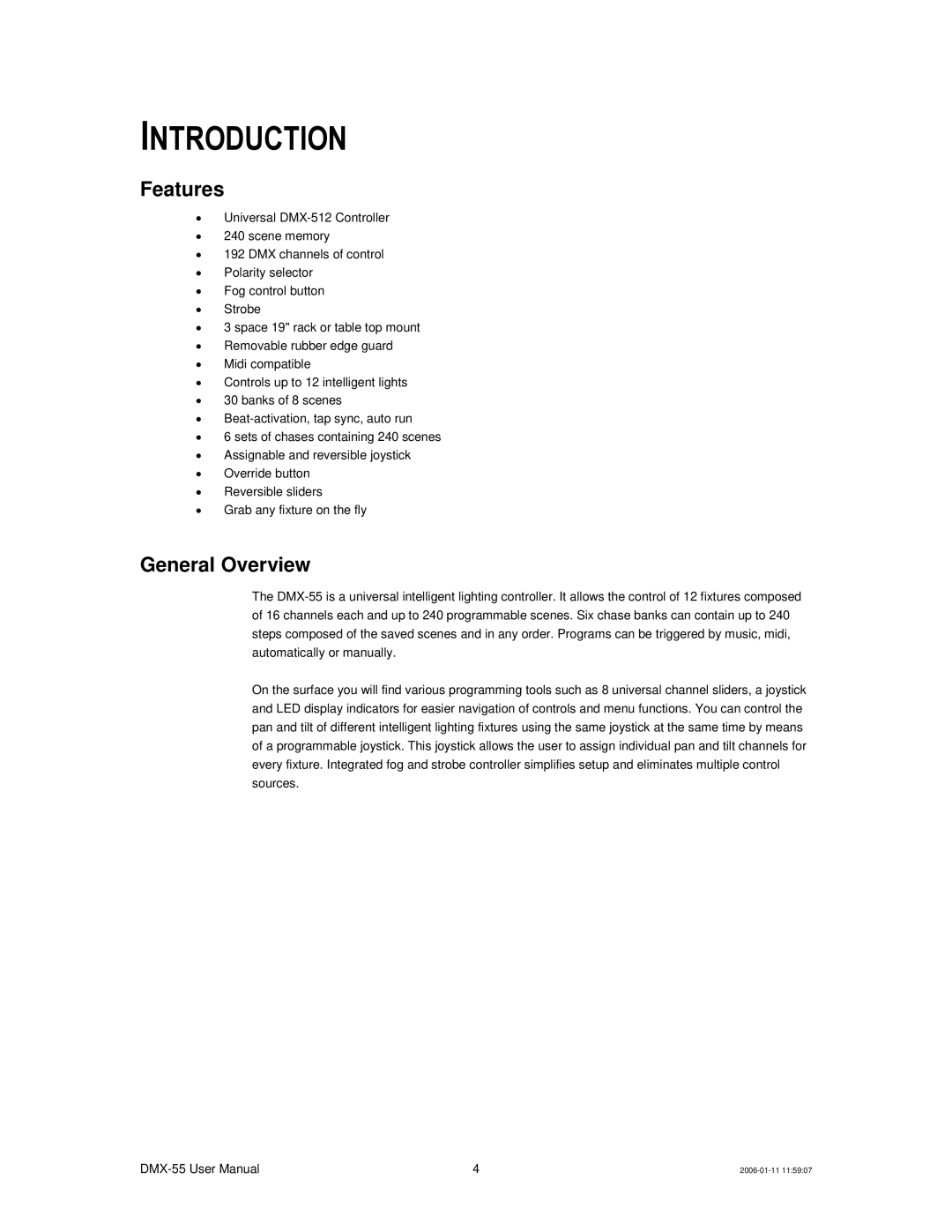 Chauvet DMX-55 DMX user manual Introduction, Features, General Overview 