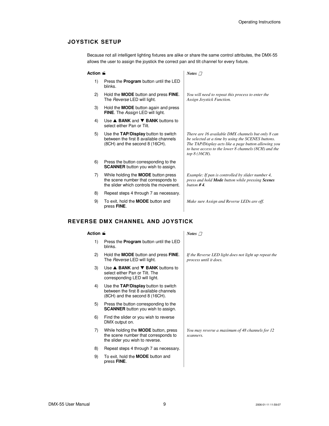 Chauvet DMX-55 DMX user manual Joy St Ick Set Up, Rever SE DM X C H AN NEL AN D JOY ST IC K 