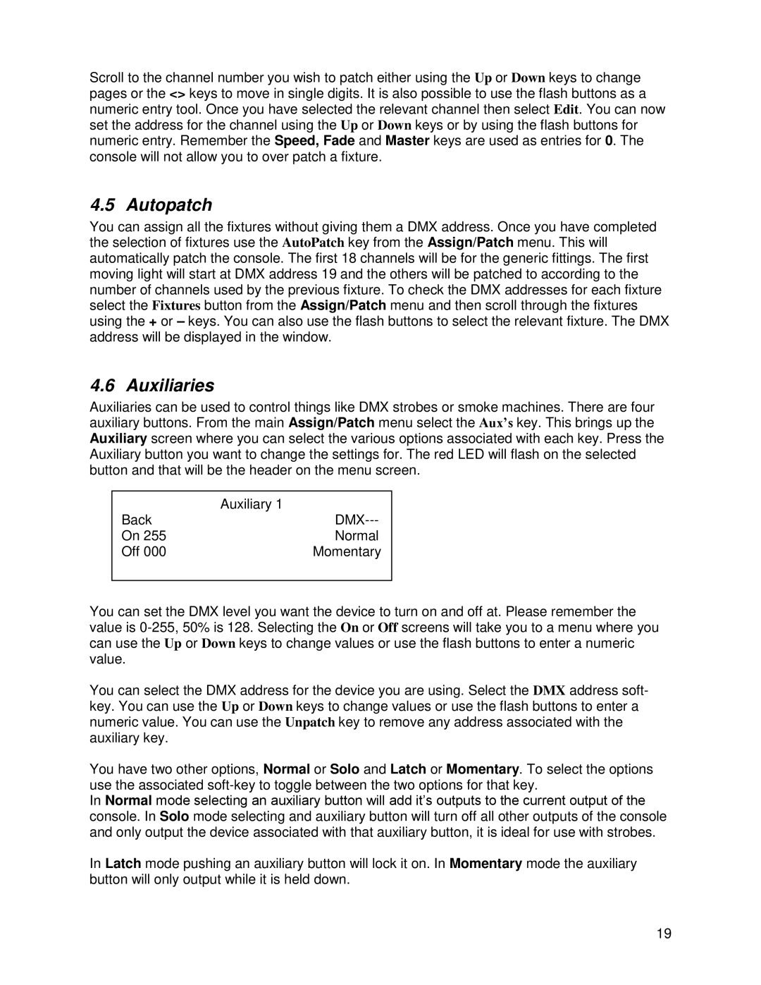 Chauvet DMX 60 user manual Autopatch, Auxiliaries 