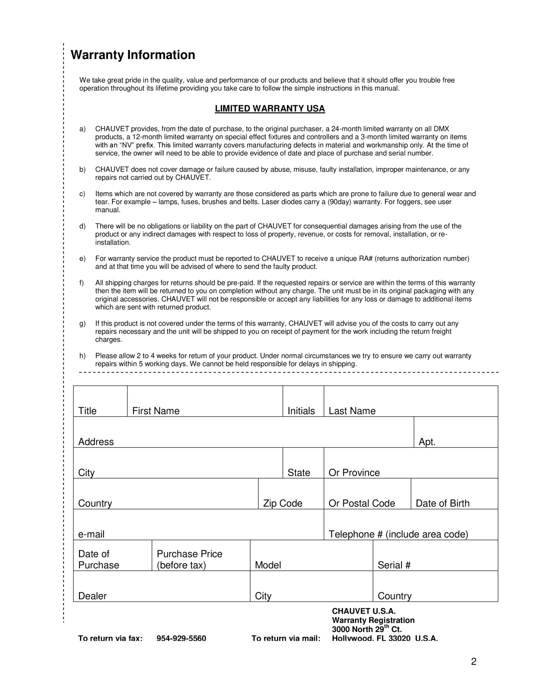 Chauvet DMX 60 user manual Warranty Information 