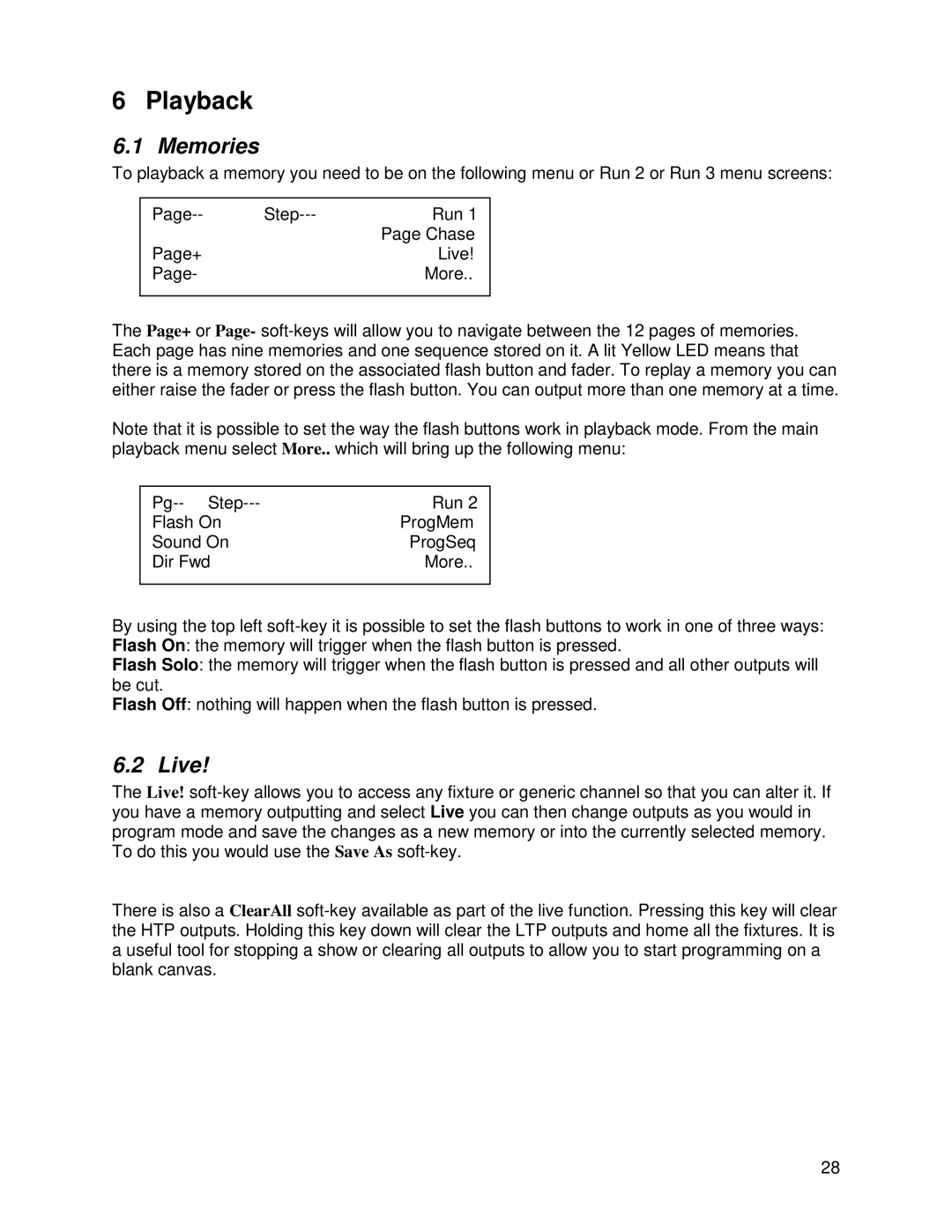 Chauvet DMX 60 user manual Playback, Memories, Live 