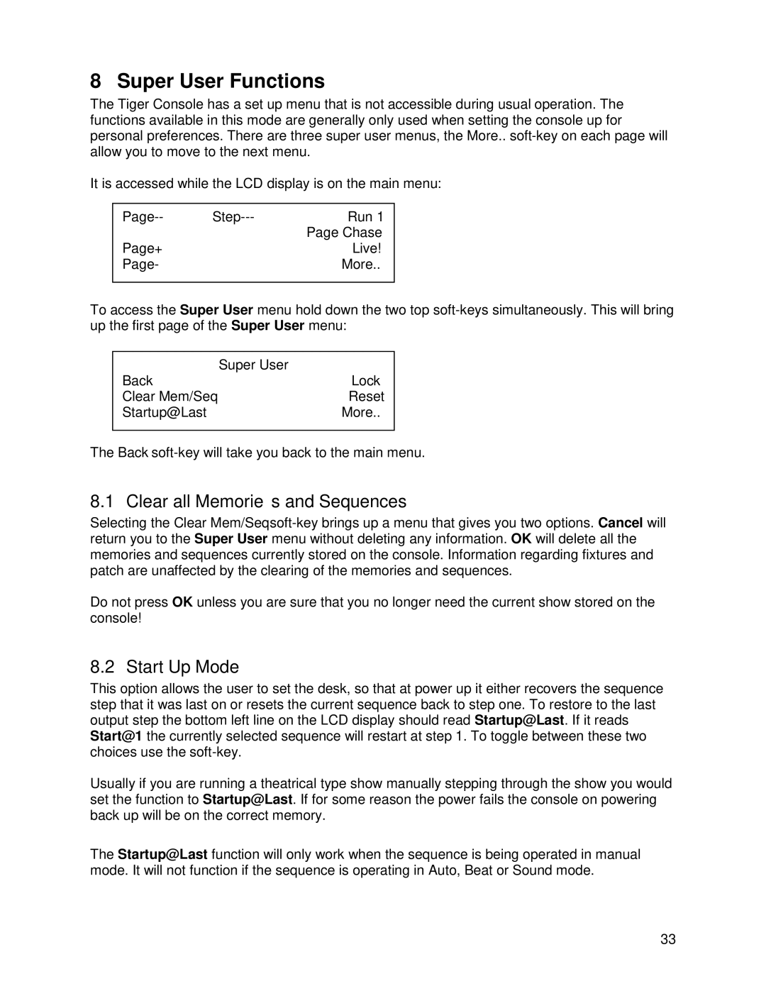 Chauvet DMX 60 user manual Super User Functions, Clear all Memories and Sequences, Start Up Mode 