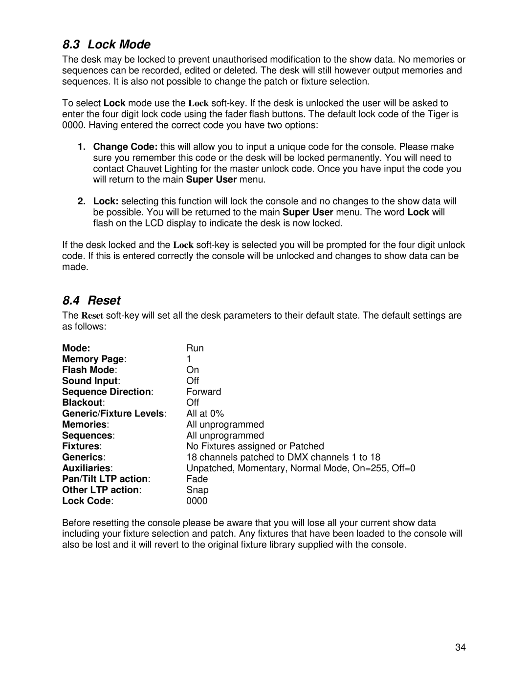 Chauvet DMX 60 user manual Lock Mode, Reset 