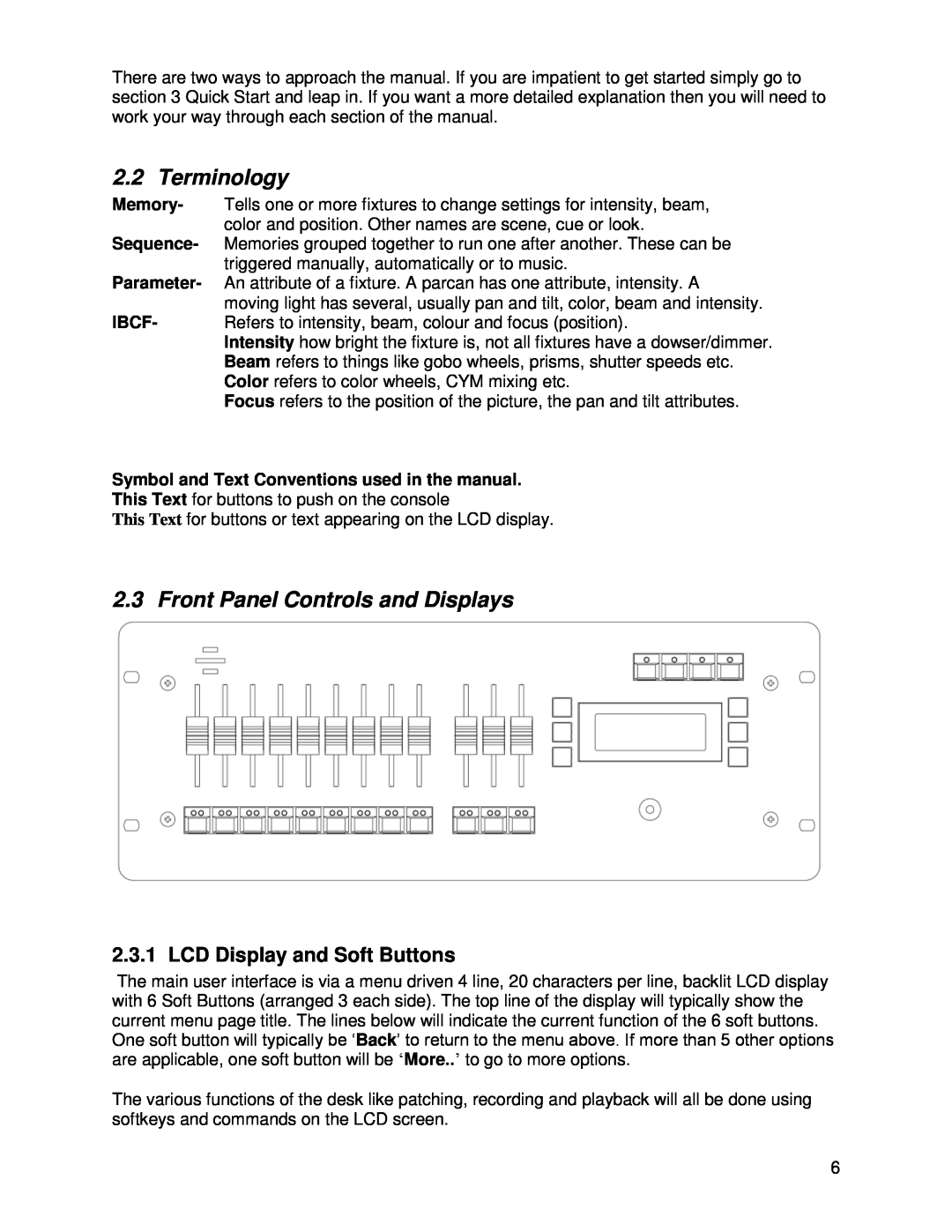 Chauvet DMX 60 user manual Terminology, Front Panel Controls and Displays, LCD Display and Soft Buttons 