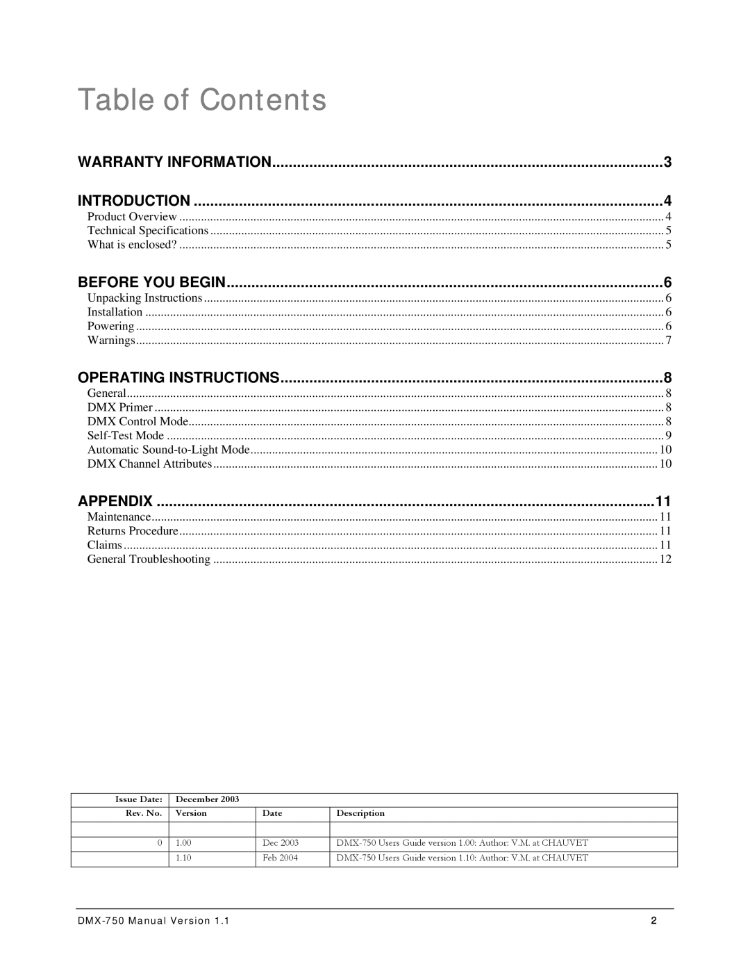 Chauvet DMX-750 manual Table of Contents 