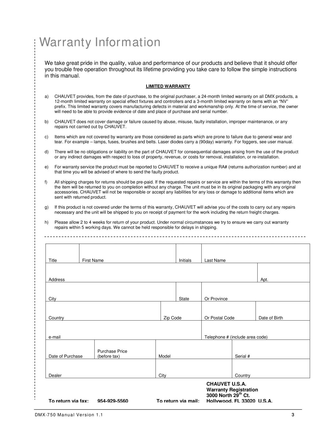 Chauvet DMX-750 manual Warranty Information, Limited Warranty 