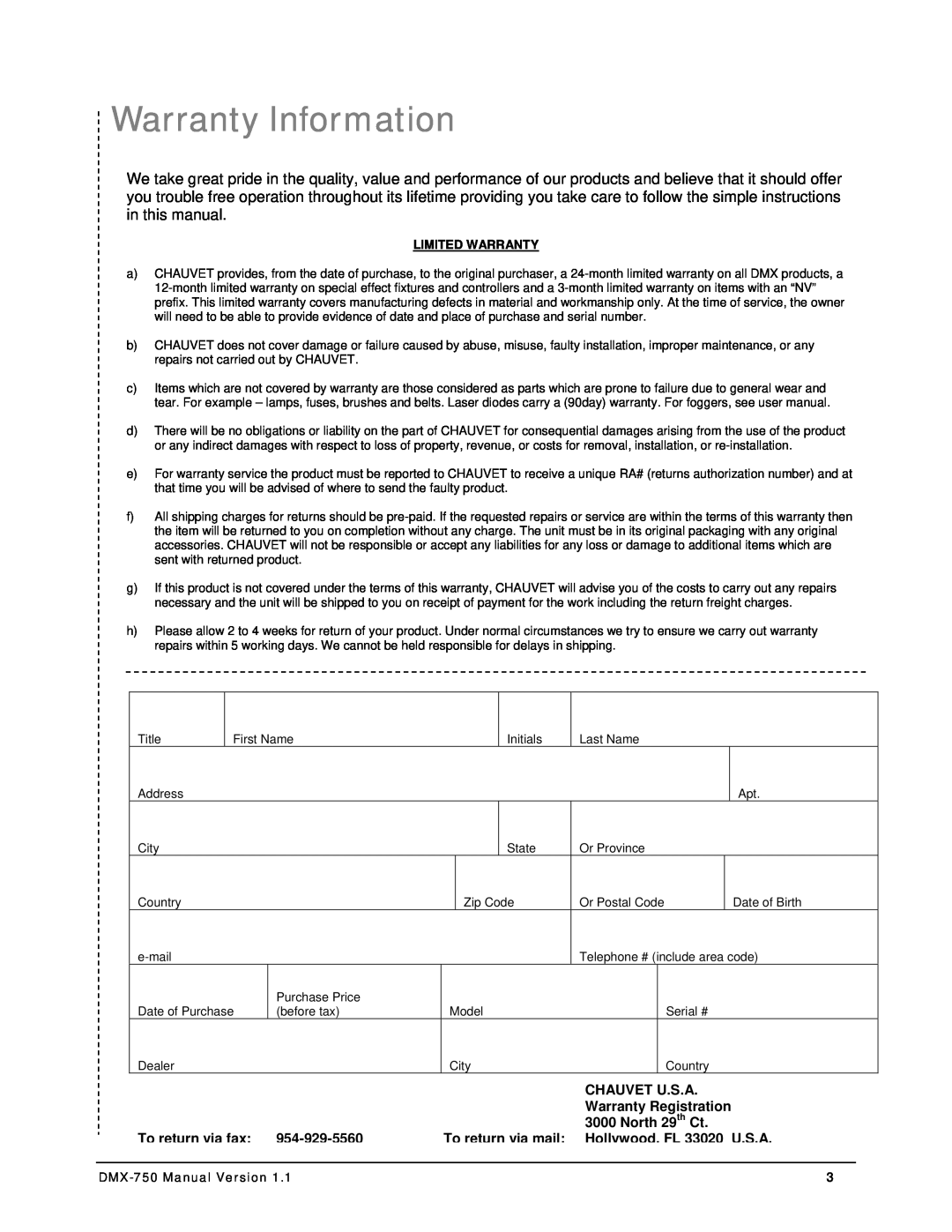 Chauvet DMX-750 manual Warranty Information, Chauvet U.S.A, Warranty Registration, North 29th Ct, To return via fax 