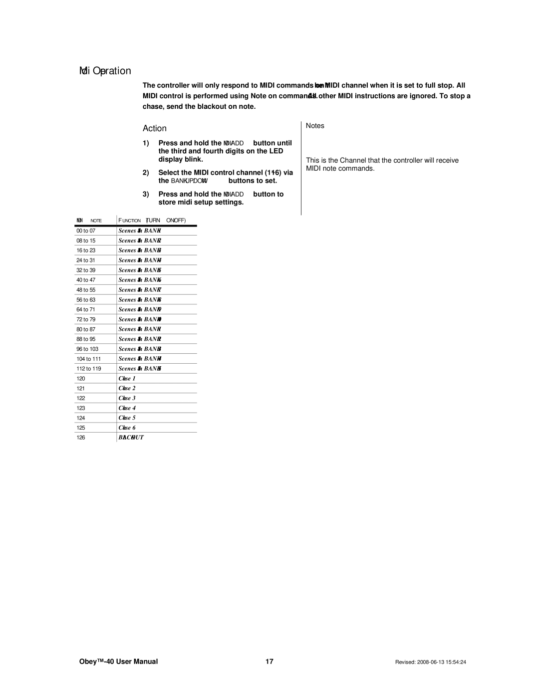 Chauvet DMX512 user service Midi Operation, Store midi setup settings 