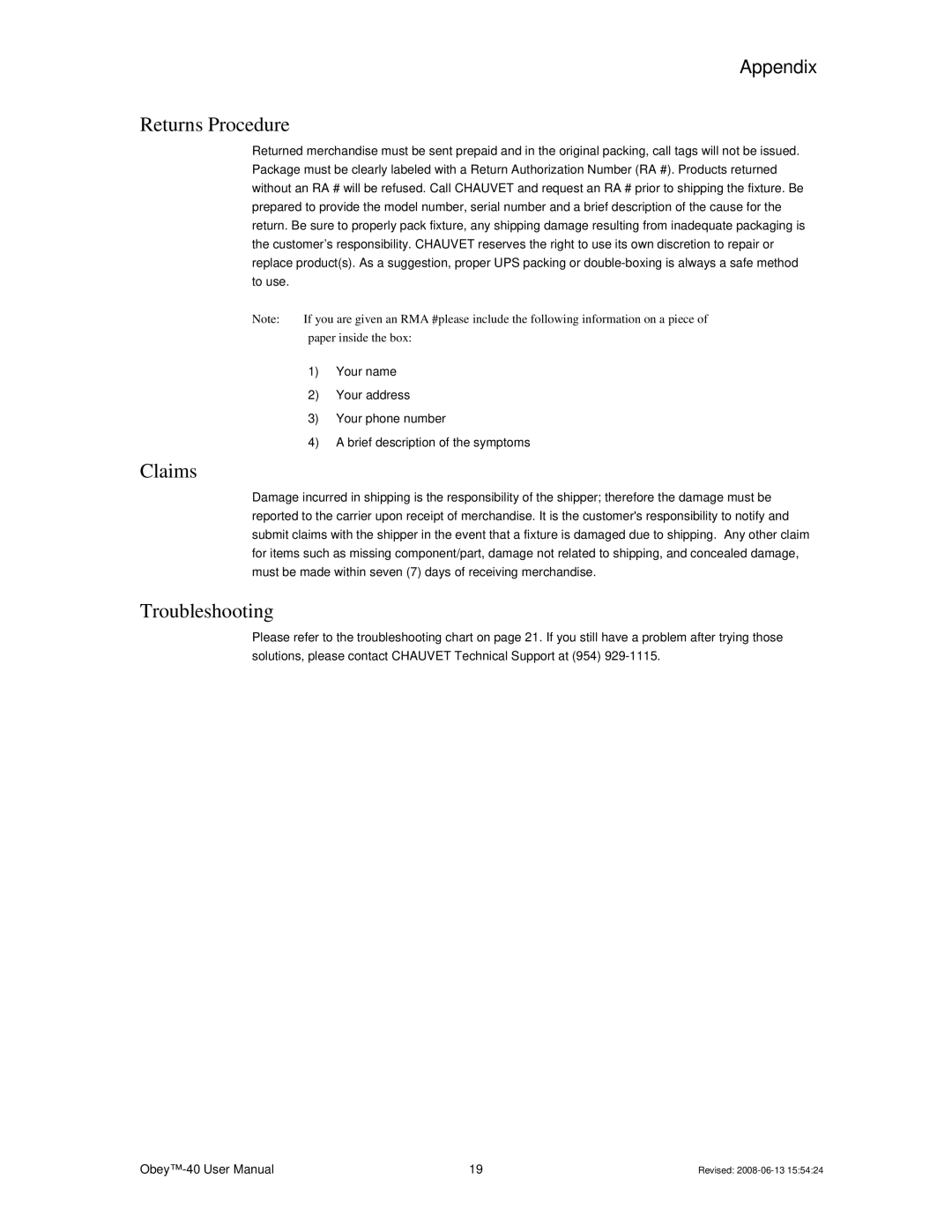 Chauvet DMX512 user service Returns Procedure, Claims, Troubleshooting 