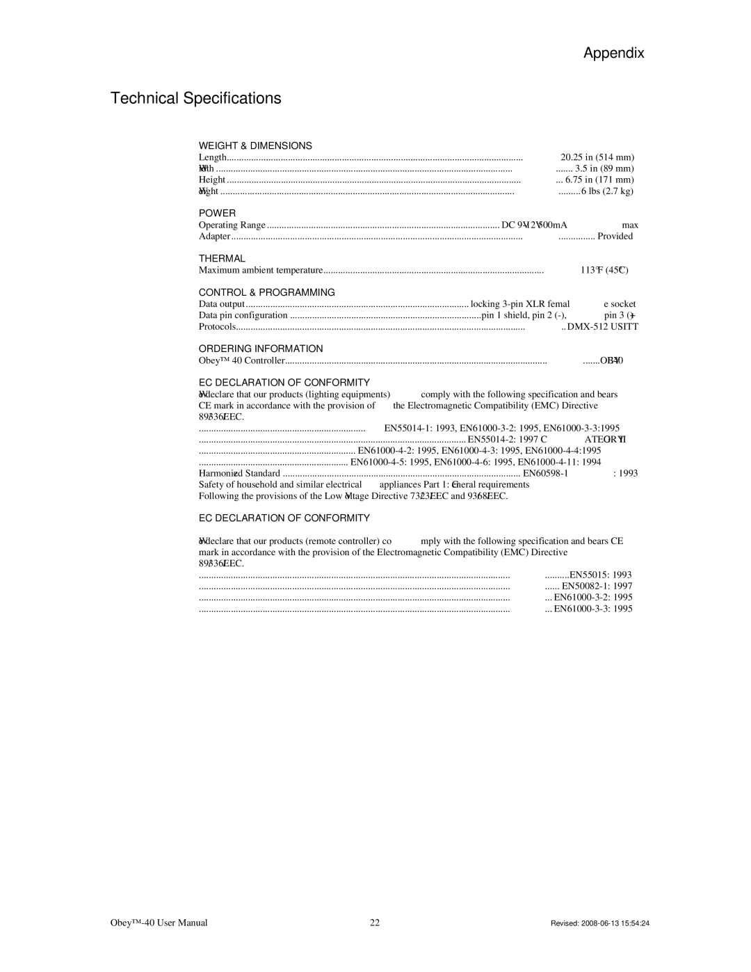 Chauvet DMX512 user service Technical Specifications, Control & Programming 