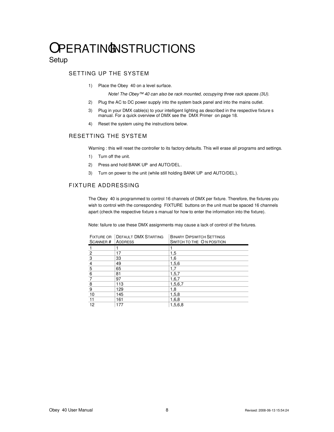 Chauvet DMX512 user service Operating Instructions, Setup, Setting UP the System, Resetting the System, Fixture Addressing 