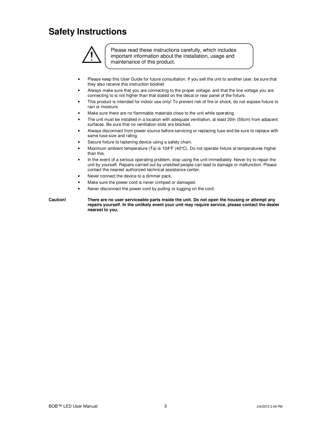 Chauvet DMX512 user manual Safety Instructions 