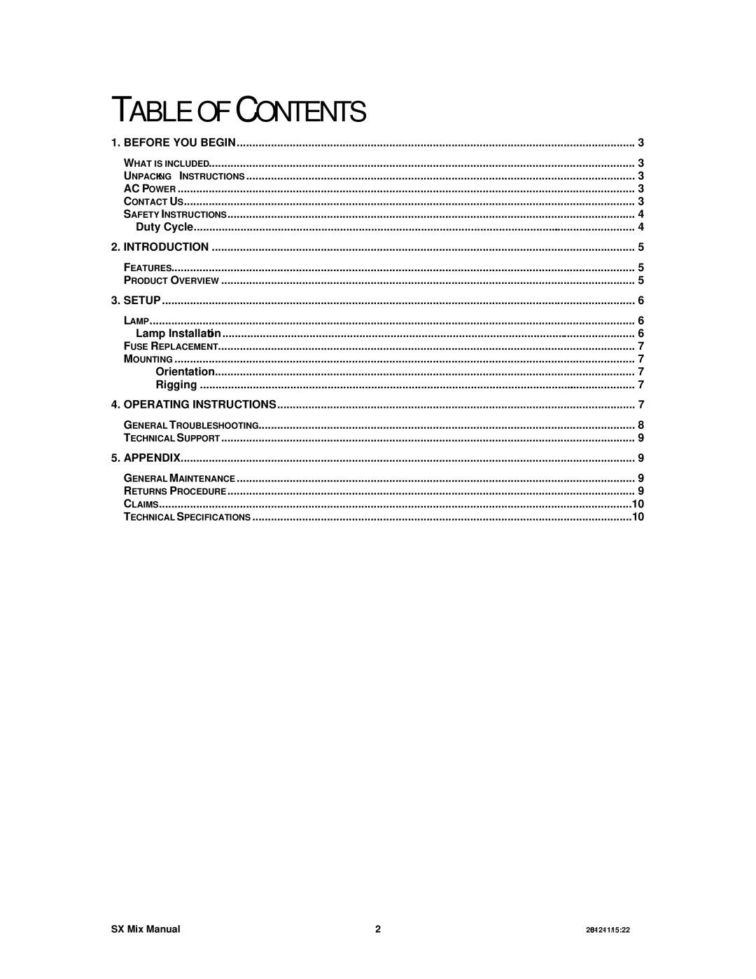 Chauvet DMX512 user manual Table of Contents 