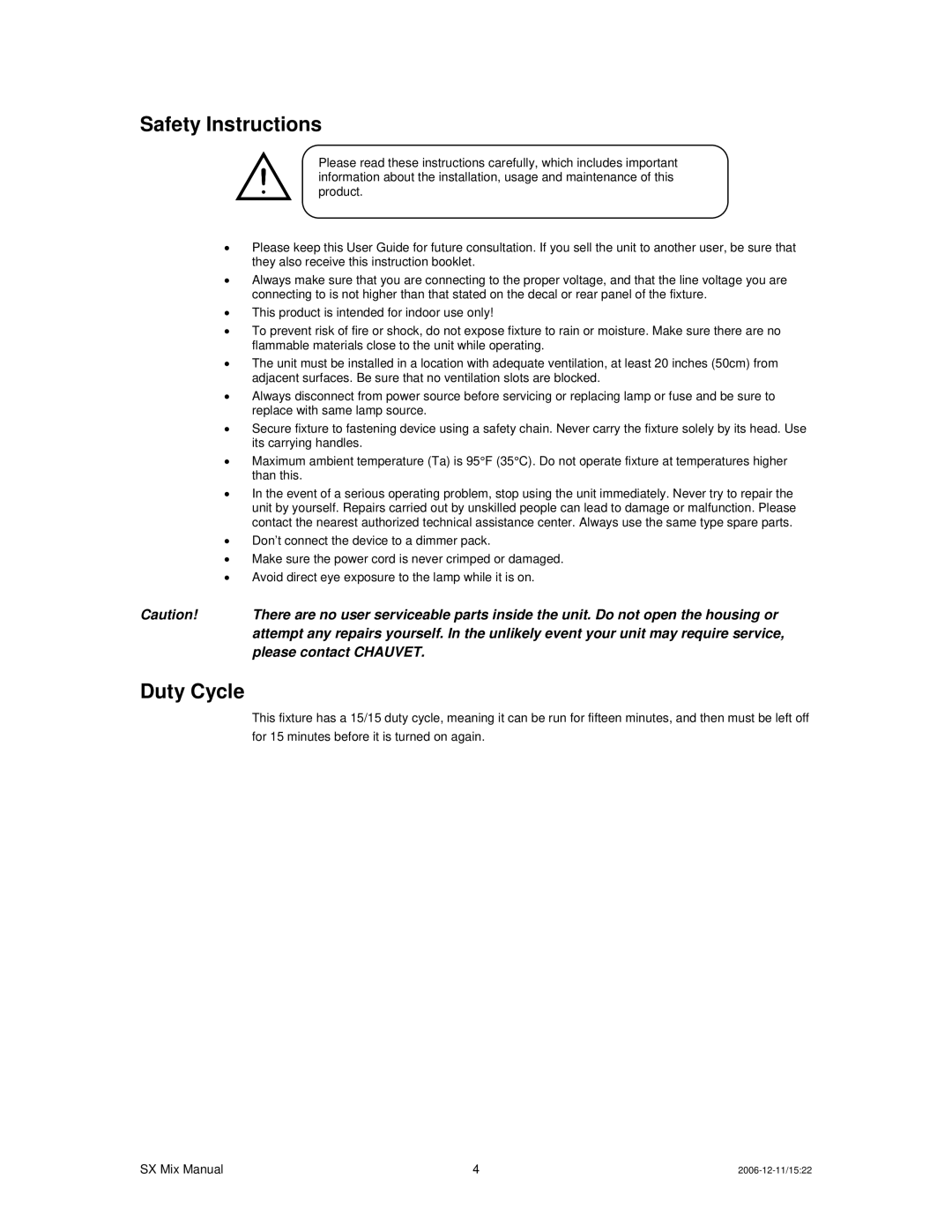 Chauvet DMX512 user manual Safety Instructions, Duty Cycle 