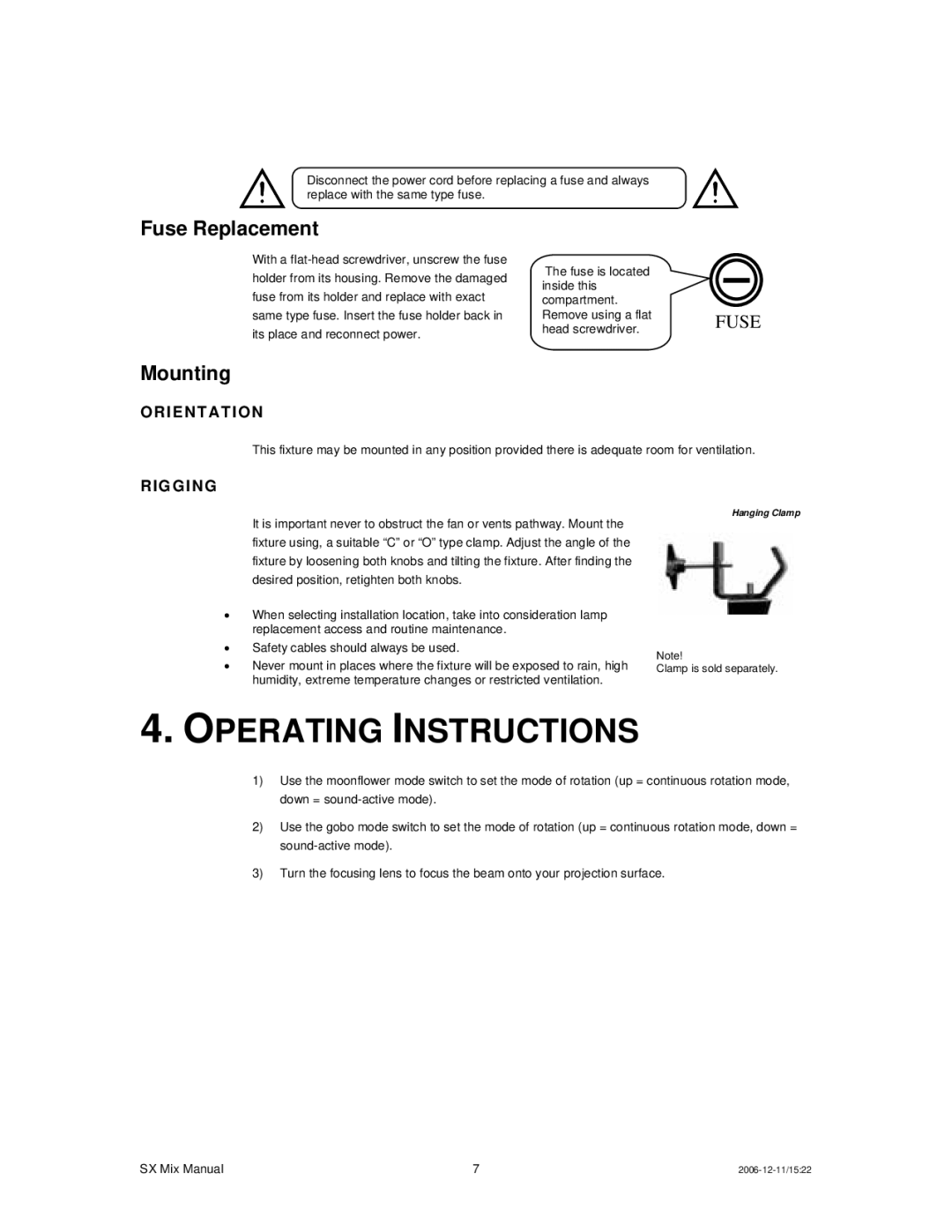 Chauvet DMX512 user manual Operating Instructions, Fuse Replacement, Mounting 