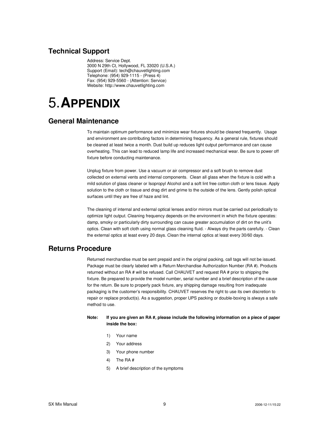 Chauvet DMX512 user manual Appendix, Technical Support, General Maintenance, Returns Procedure 