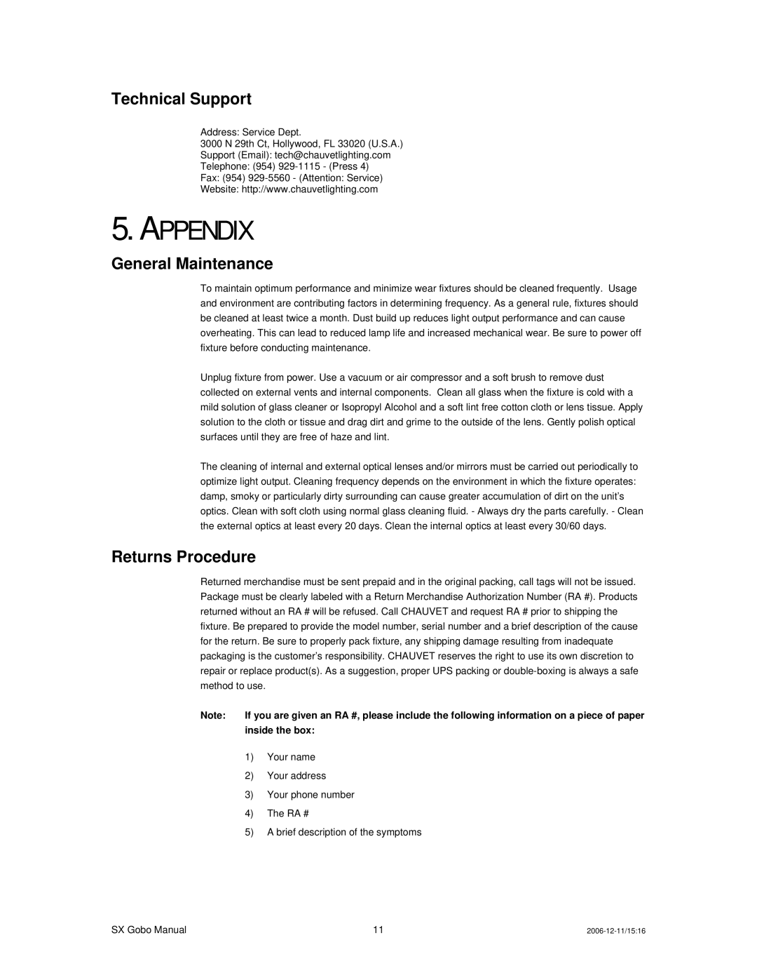 Chauvet DMX512 user manual Appendix, Technical Support, General Maintenance, Returns Procedure 