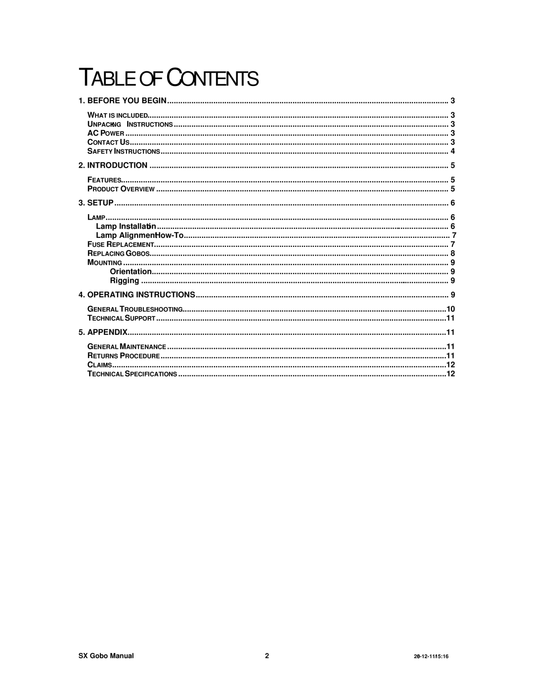 Chauvet DMX512 user manual Table of Contents 