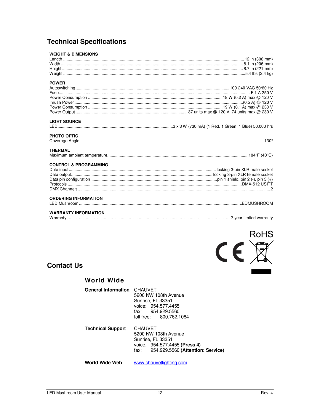 Chauvet DMX512 user manual Technical Specifications, Contact Us, World Wide 