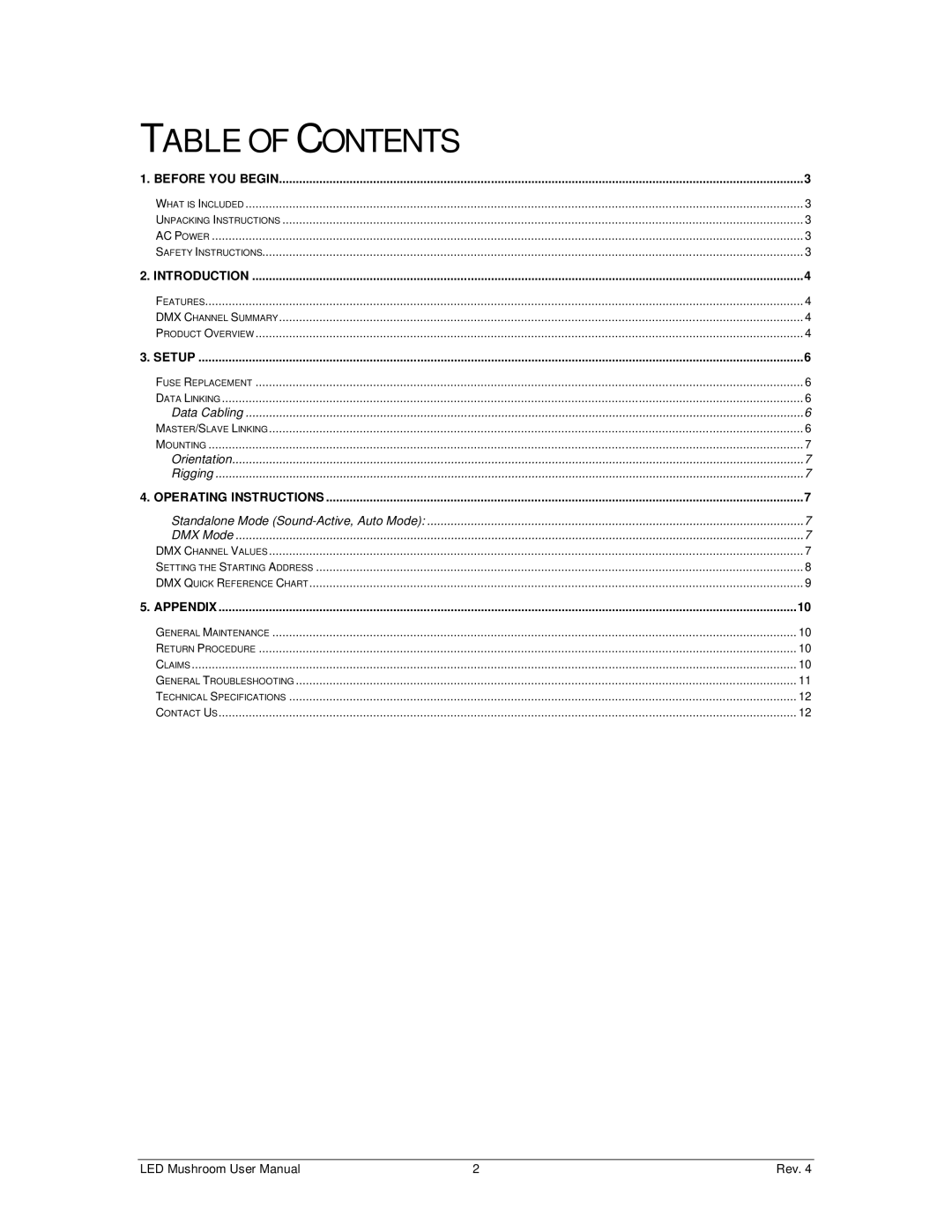 Chauvet DMX512 user manual Table of Contents 