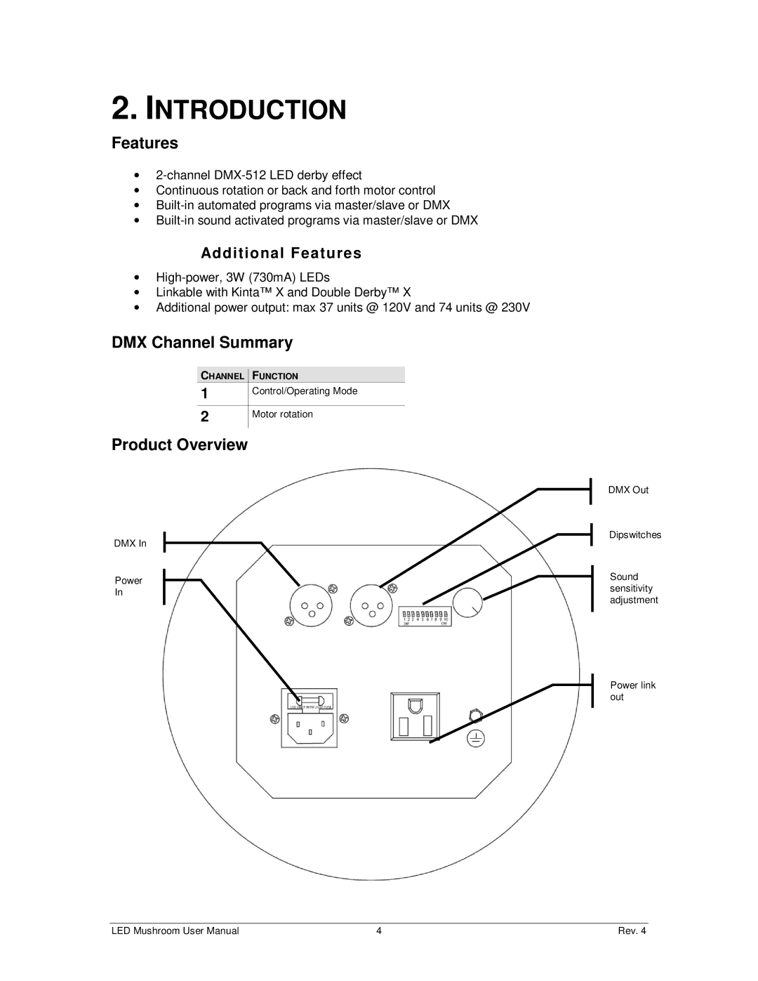 Chauvet DMX512 user manual Introduction, DMX Channel Summary, Product Overview, Additional Features 