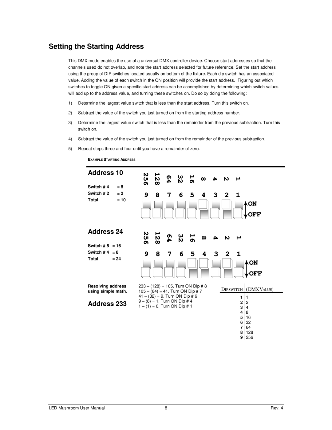 Chauvet DMX512 user manual Setting the Starting Address 