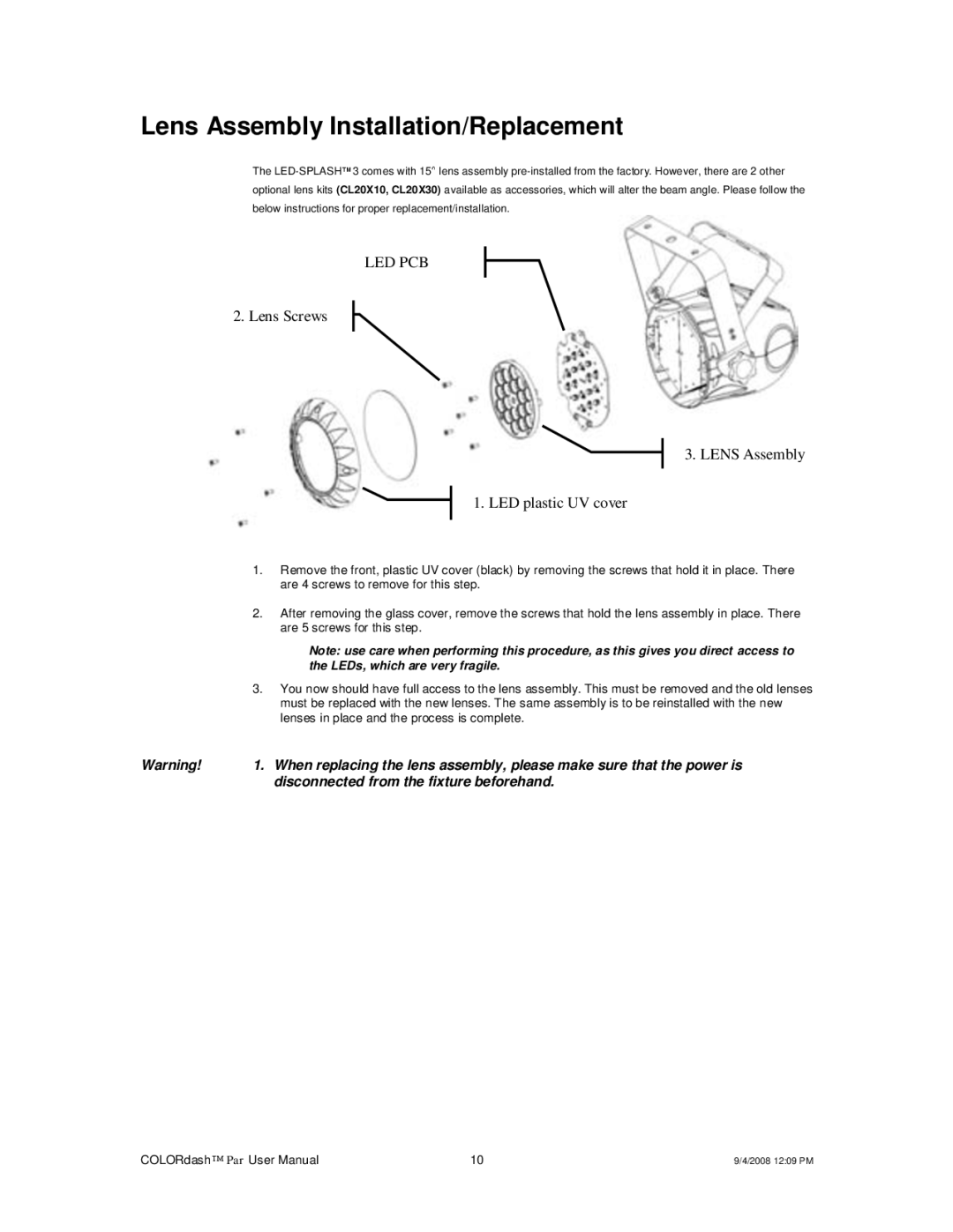 Chauvet DMX512 user manual Lens Assembly Installation/Replacement, Led Pcb 