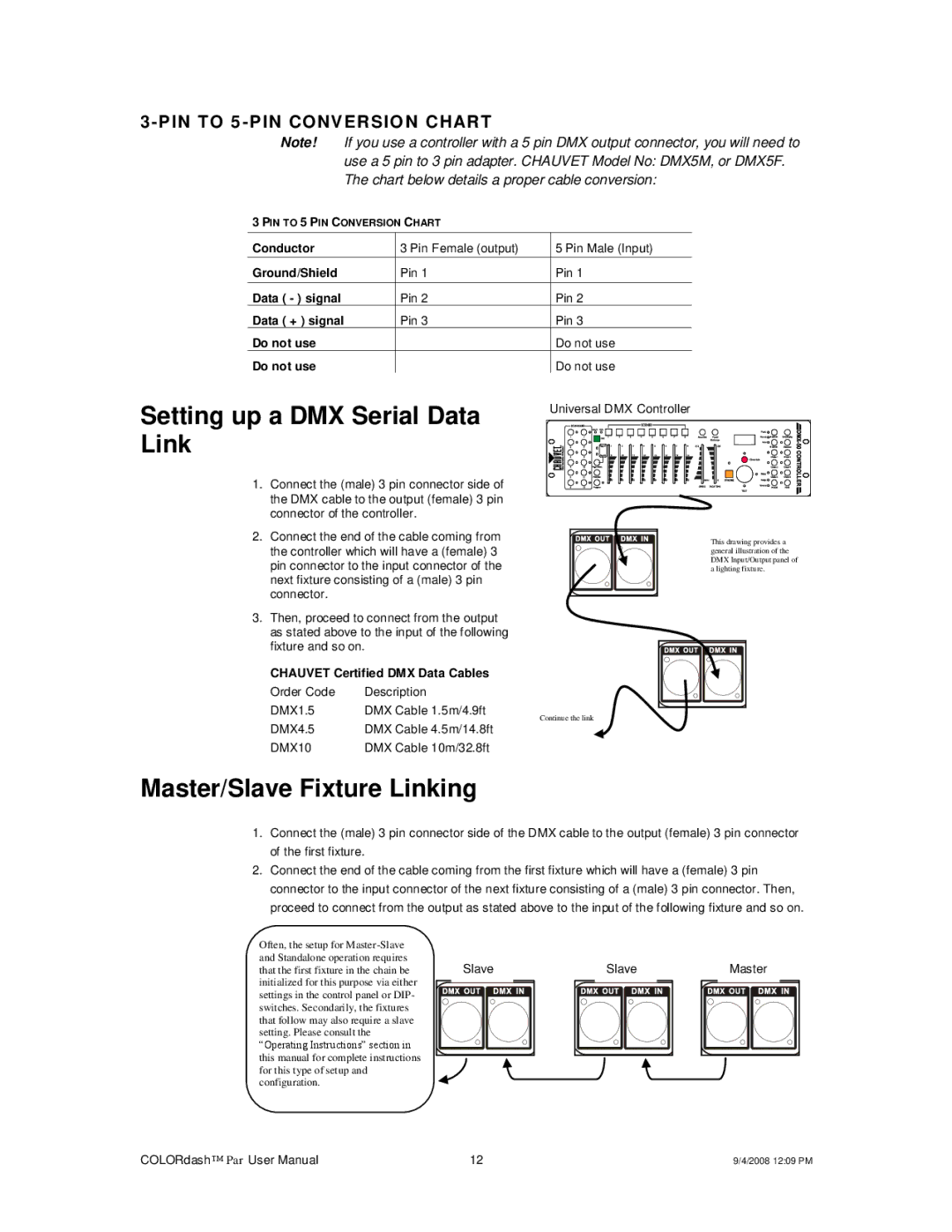 Chauvet DMX512 user manual Setting up a DMX Serial Data Link, Master/Slave Fixture Linking 