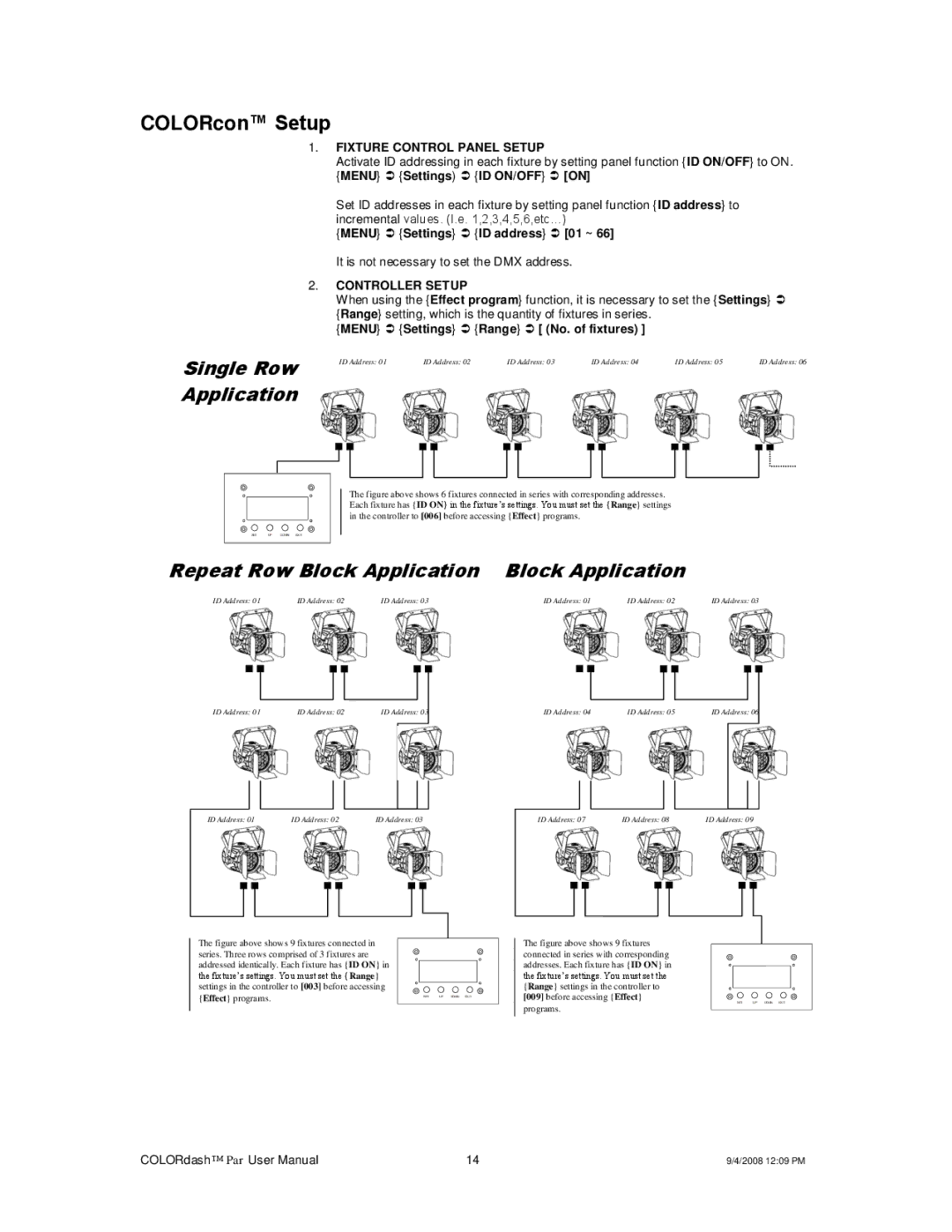 Chauvet DMX512 user manual COLORcon Setup, Menu  Settings  Range  No. of fixtures 