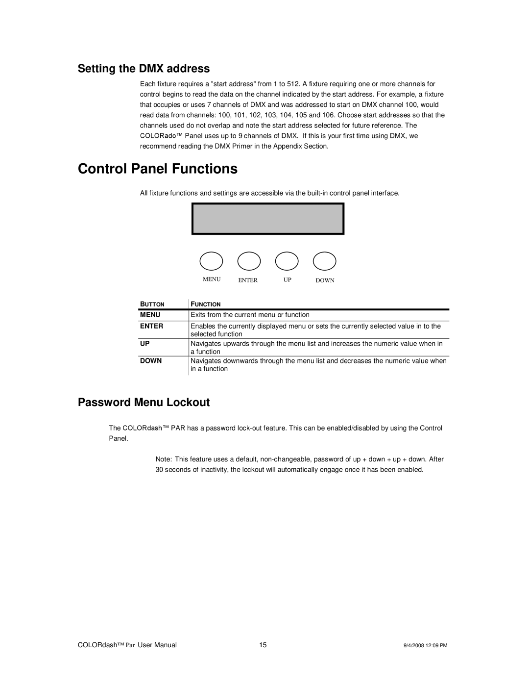 Chauvet DMX512 user manual Control Panel Functions, Setting the DMX address, Password Menu Lockout 