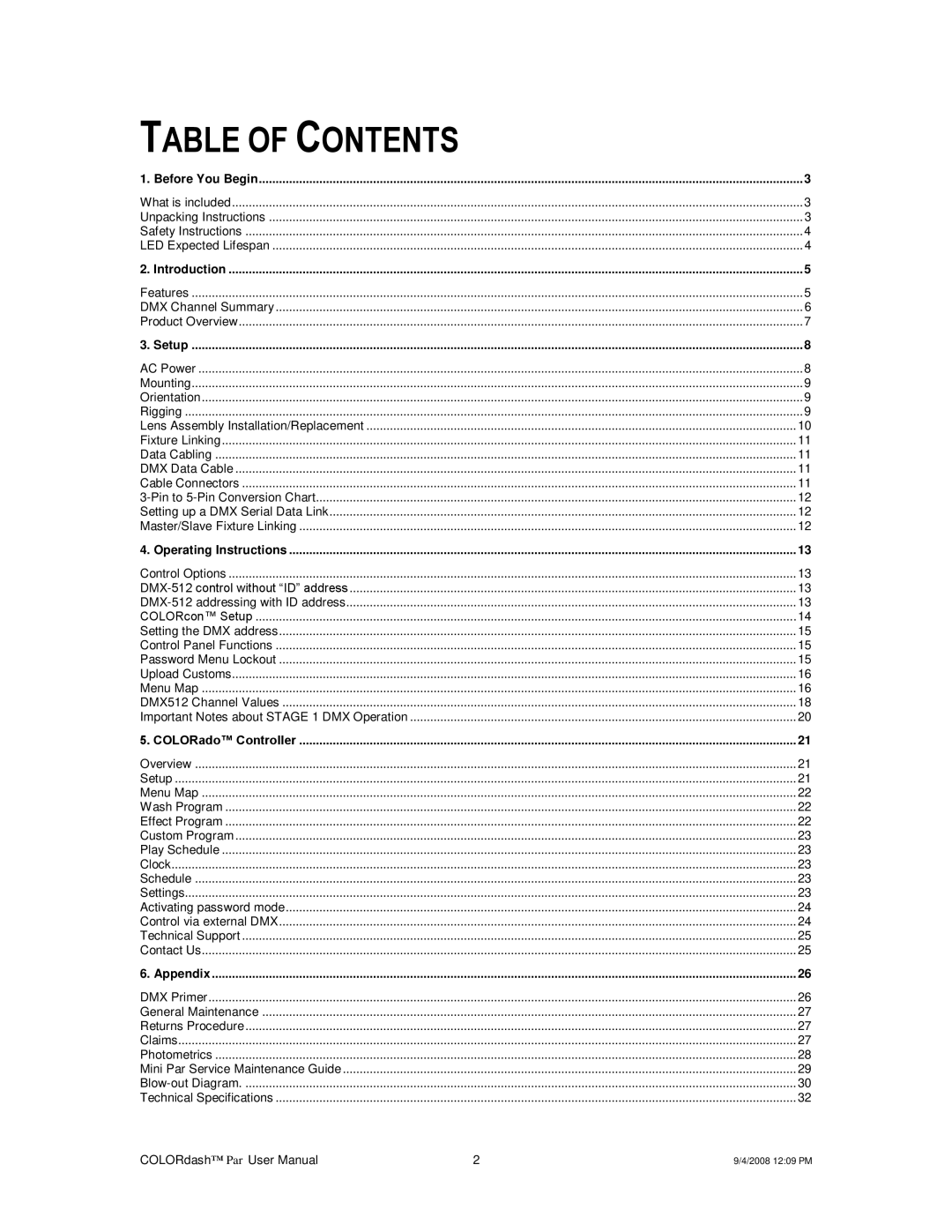 Chauvet DMX512 user manual Table of Contents 