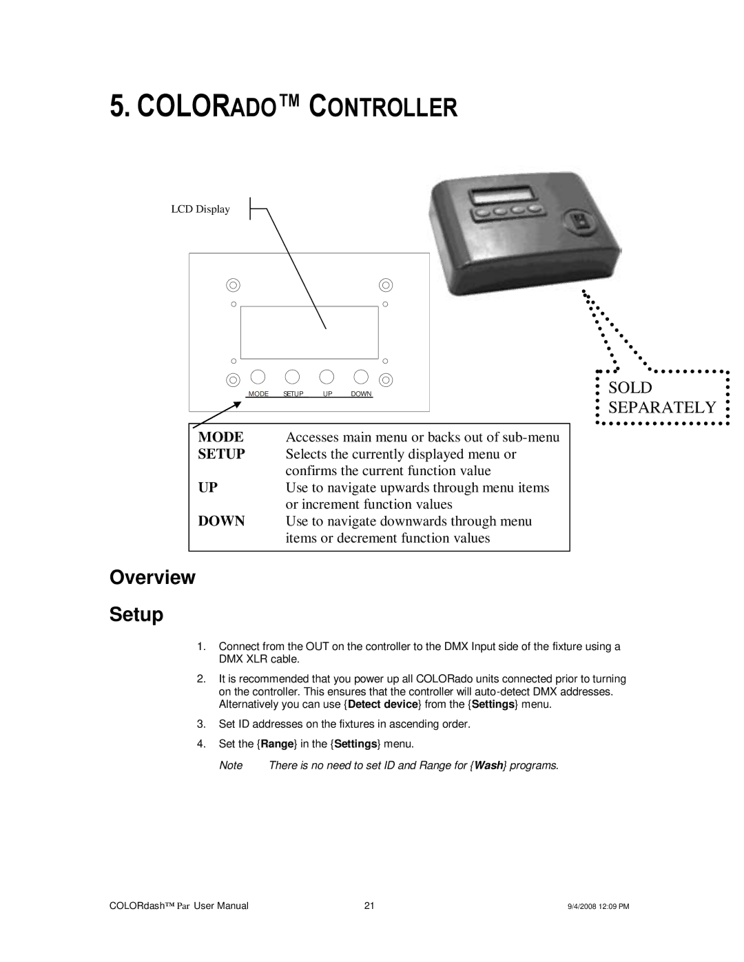 Chauvet DMX512 user manual Colorado Controller, Overview Setup 