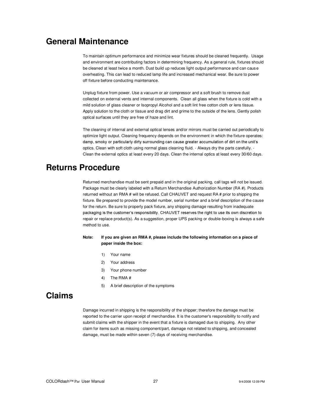 Chauvet DMX512 user manual General Maintenance, Returns Procedure, Claims, Paper inside the box 