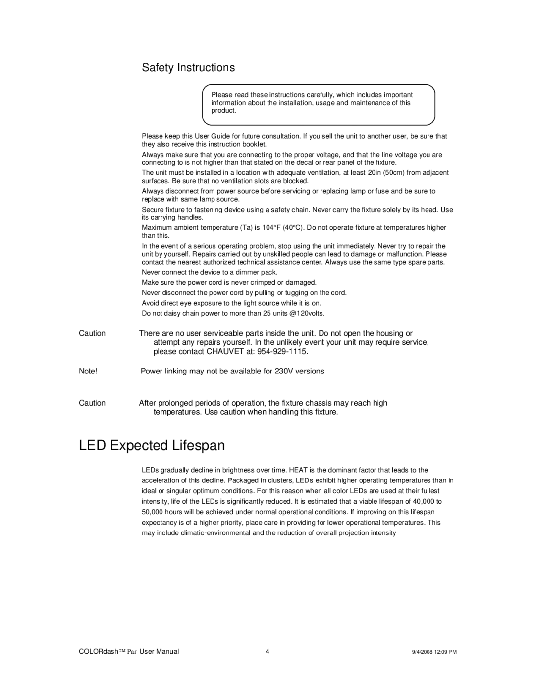 Chauvet DMX512 user manual LED Expected Lifespan, Safety Instructions 