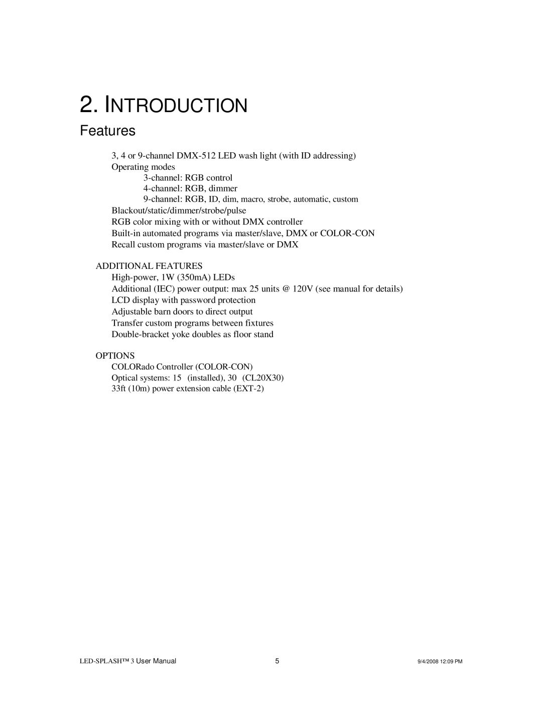 Chauvet DMX512 user manual Introduction, Features 