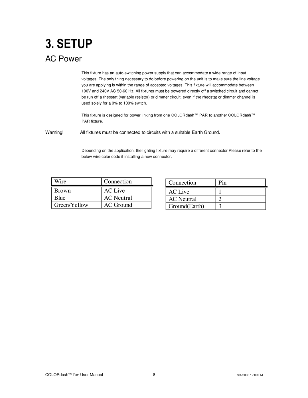 Chauvet DMX512 user manual Setup, AC Power 