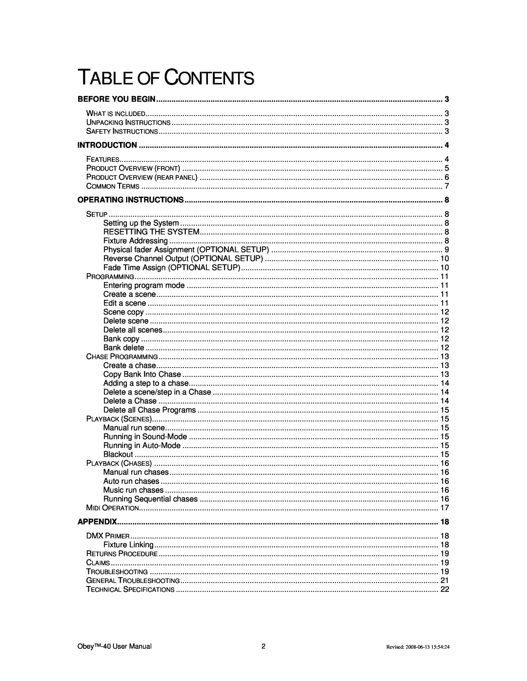 Chauvet DMX512 user service Table Of Contents, Before You Begin, Introduction, Operating Instructions, Appendix 