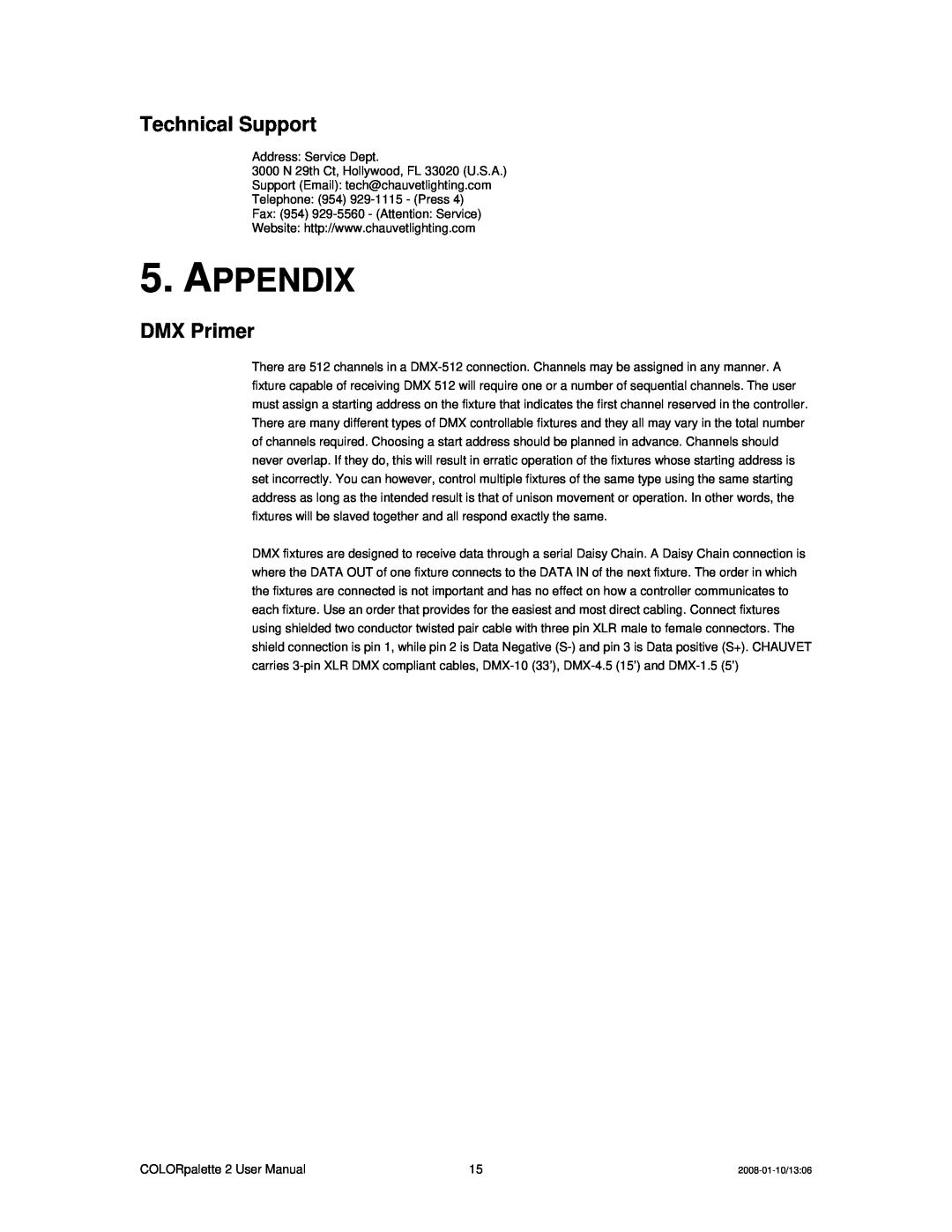 Chauvet DMX512 user service Appendix, Technical Support, DMX Primer 