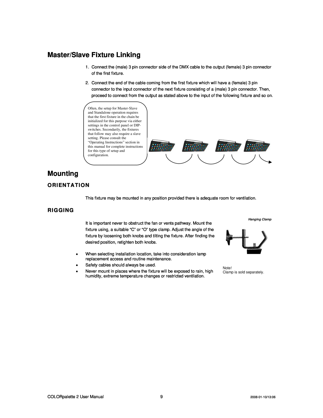 Chauvet DMX512 user service Master/Slave Fixture Linking, Mounting, Orientation, Rigging 