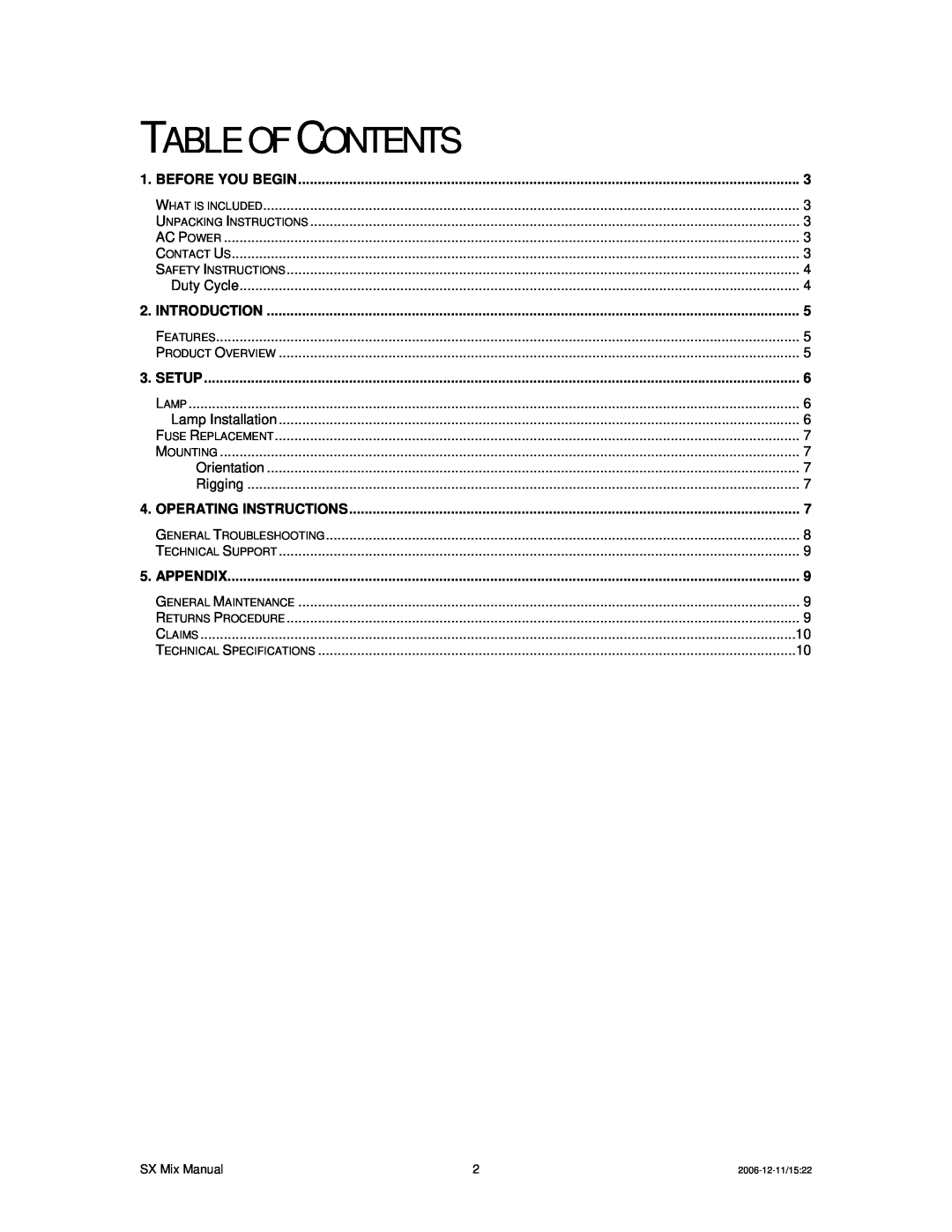 Chauvet DMX512 user manual Table Of Contents, Before You Begin, Introduction, Setup, Operating Instructions, Appendix 
