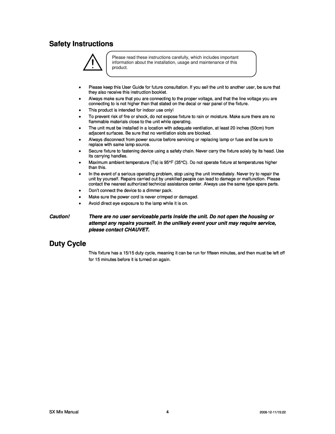 Chauvet DMX512 user manual Safety Instructions, Duty Cycle 