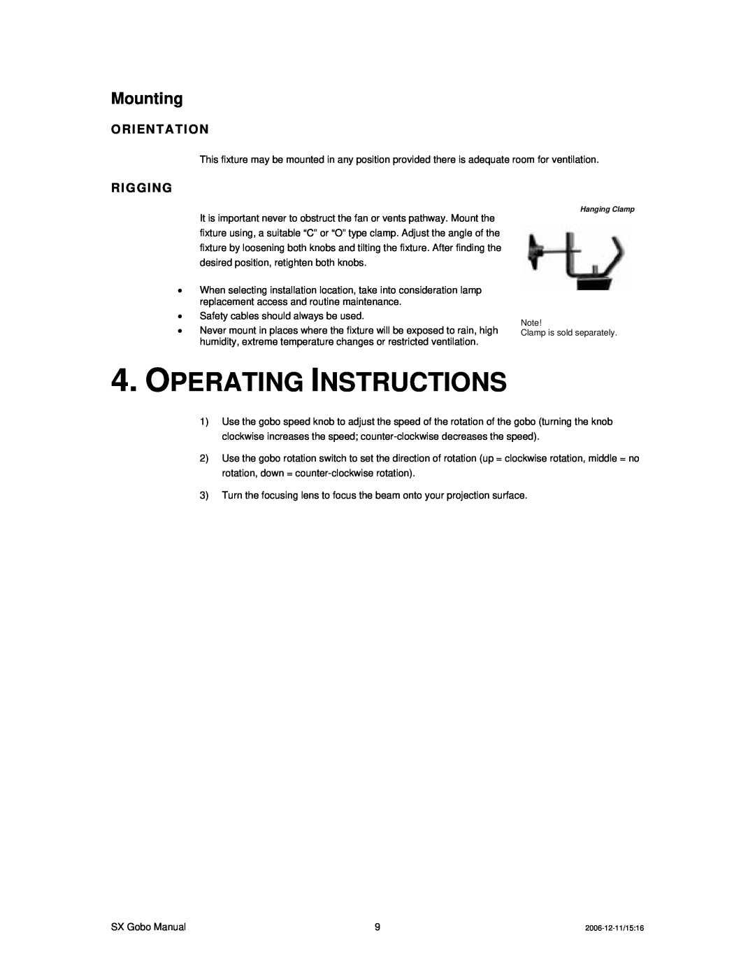 Chauvet DMX512 user manual Operating Instructions, Mounting, Orientation, Rigging 