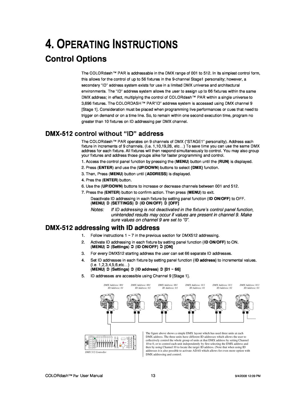 Chauvet DMX512 user manual Operating Instructions, Control Options, DMX-512control without “ID” address 