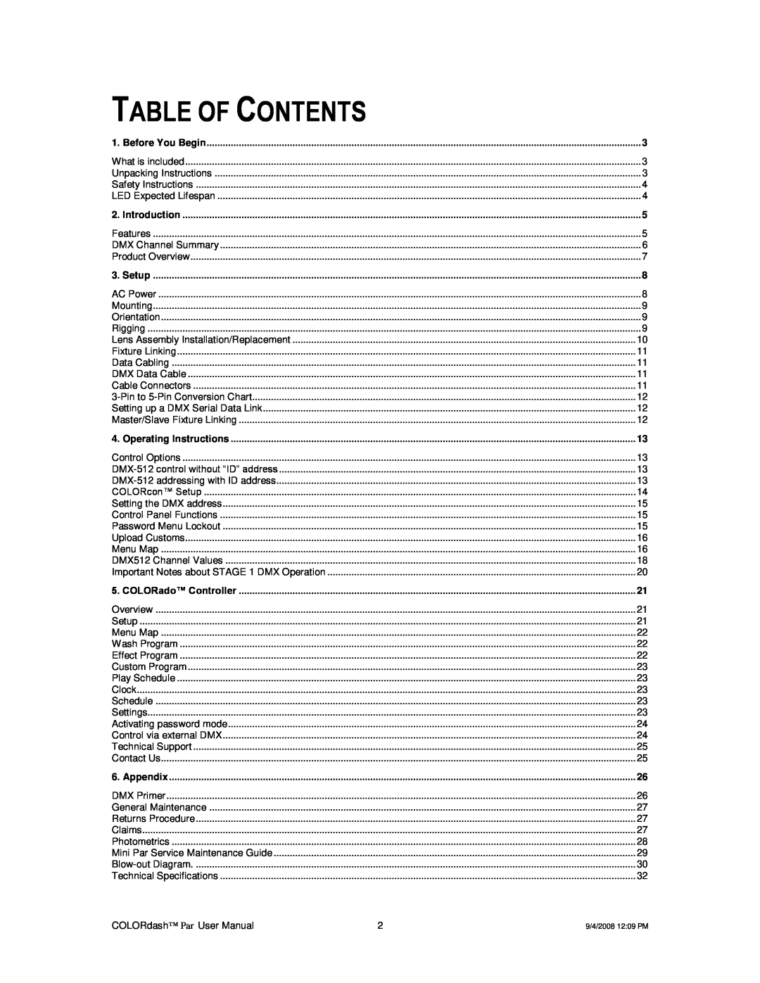 Chauvet DMX512 user manual Table Of Contents 
