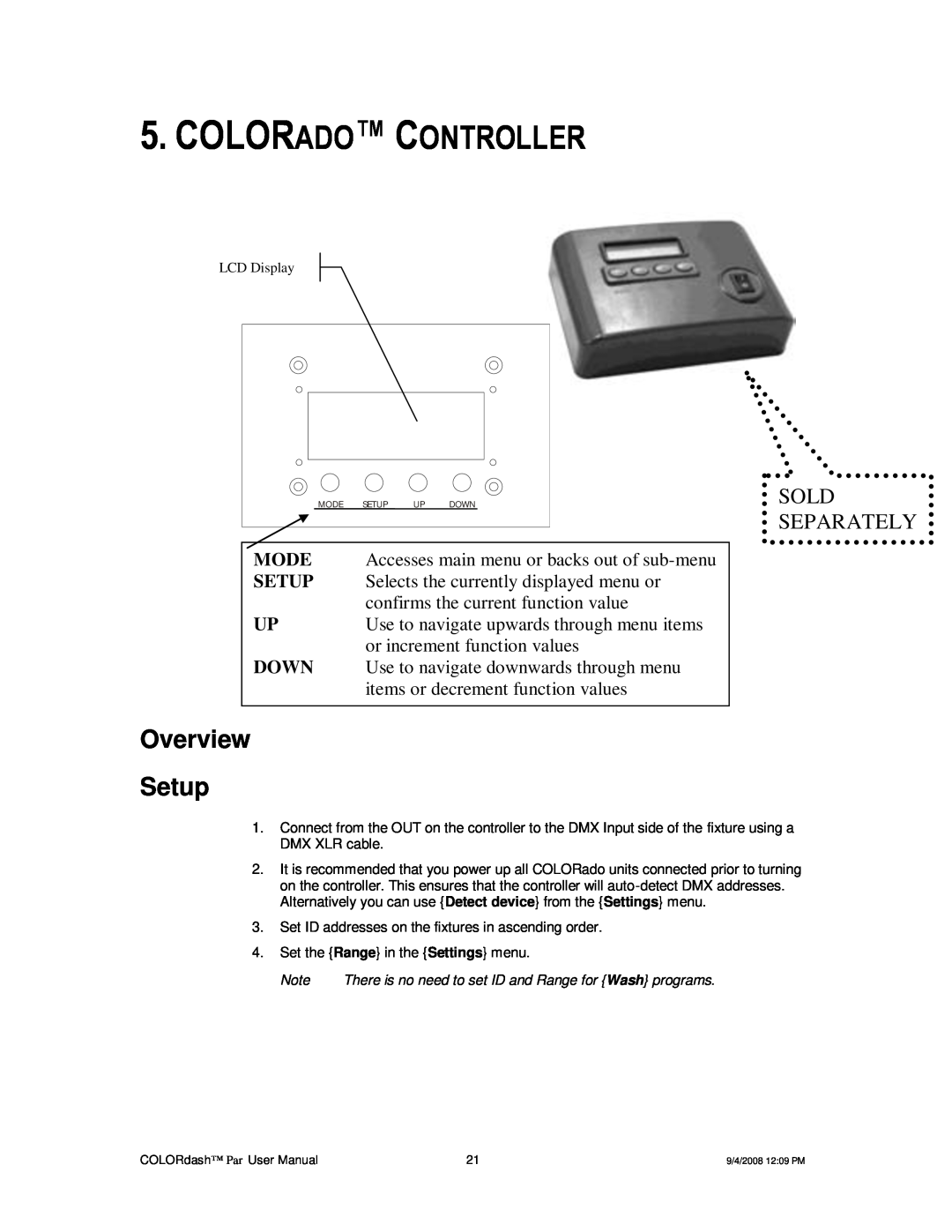 Chauvet DMX512 user manual Colorado Controller, Overview Setup, Sold Separately 