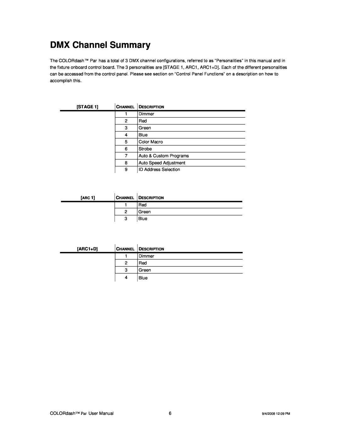 Chauvet DMX512 user manual DMX Channel Summary, Stage, ARC1+D 