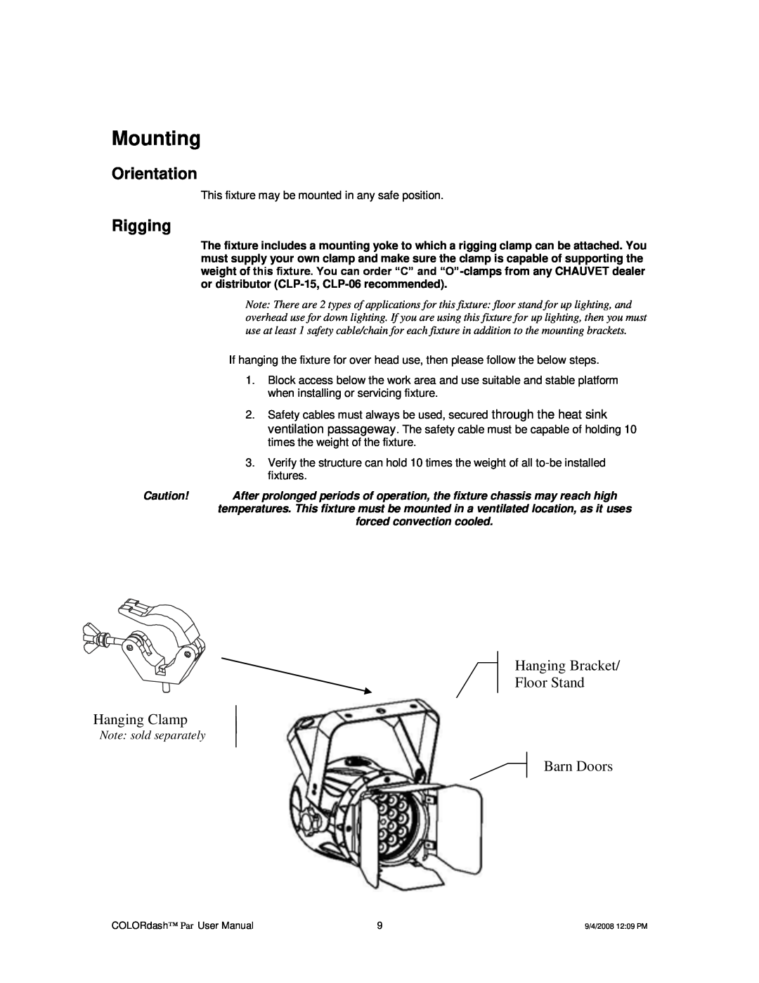 Chauvet DMX512 user manual Mounting, Orientation, Rigging, Note sold separately 