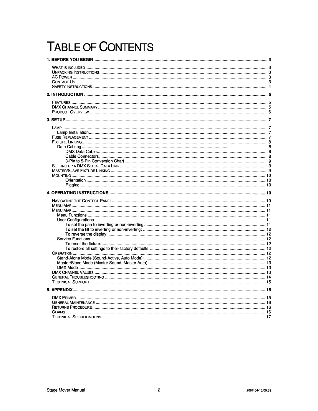 Chauvet DMX512 user service Table Of Contents, Before You Begin 