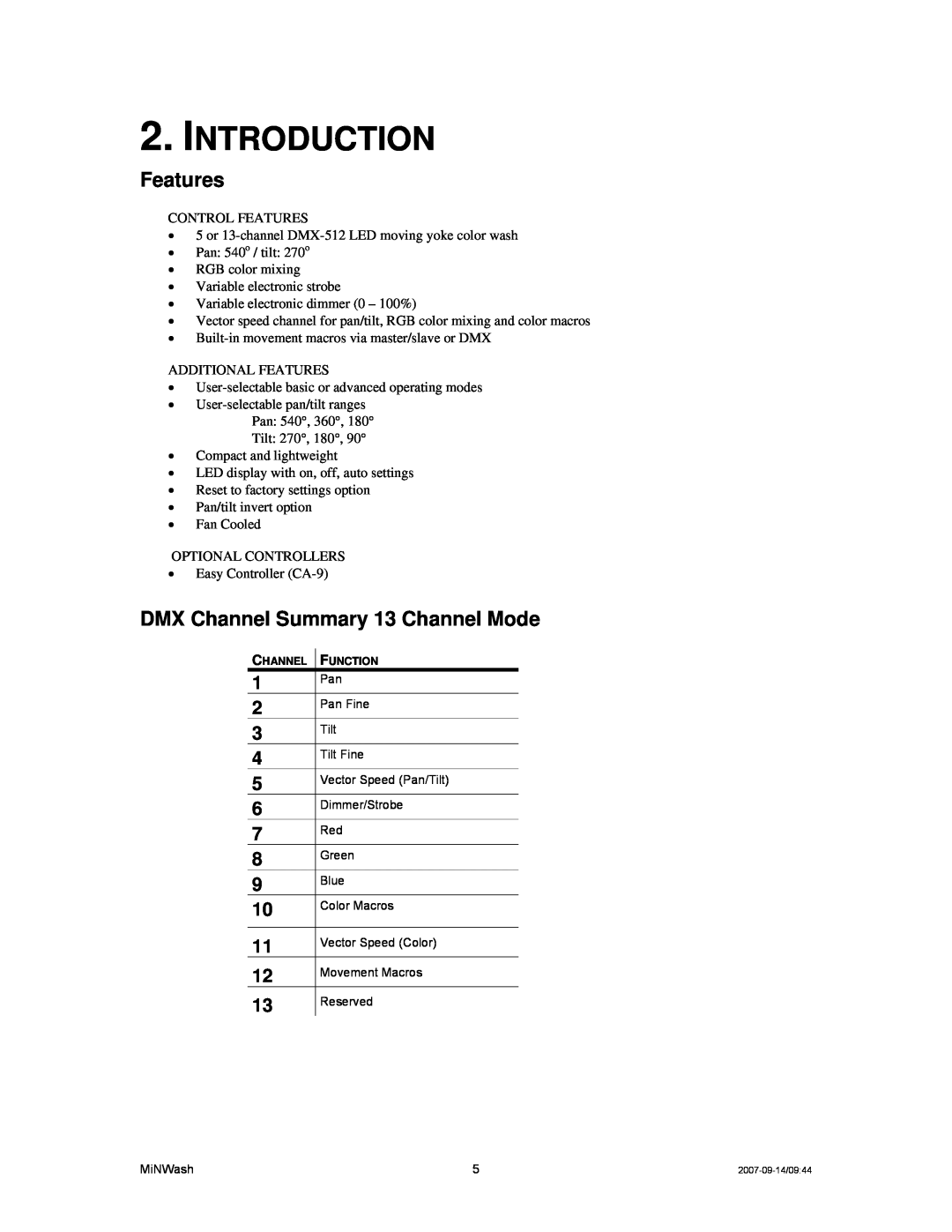 Chauvet DMX512 user service Introduction, Features, DMX Channel Summary 13 Channel Mode 